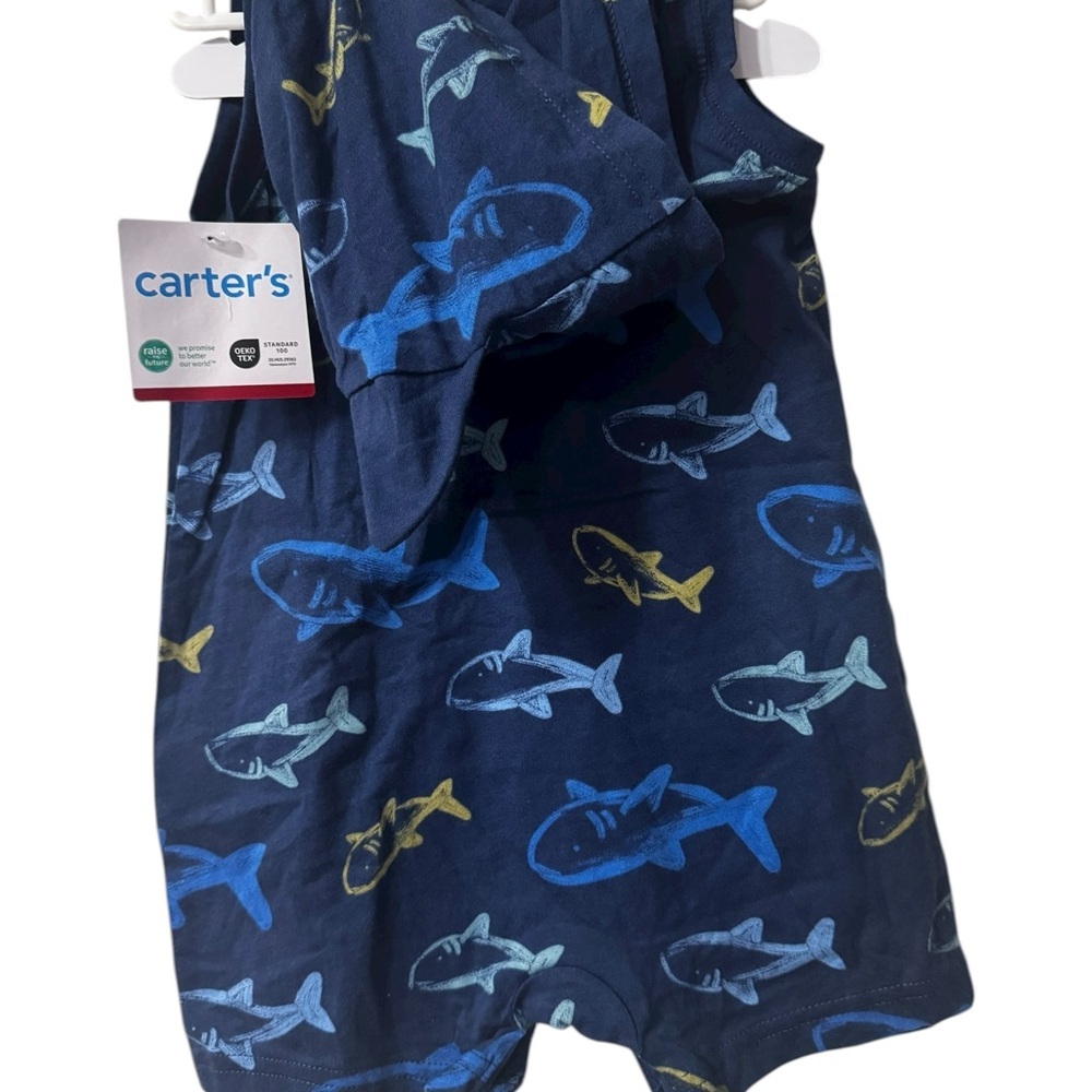 Carter's Navy Shark Pattern Romper - Picture 2 of 13